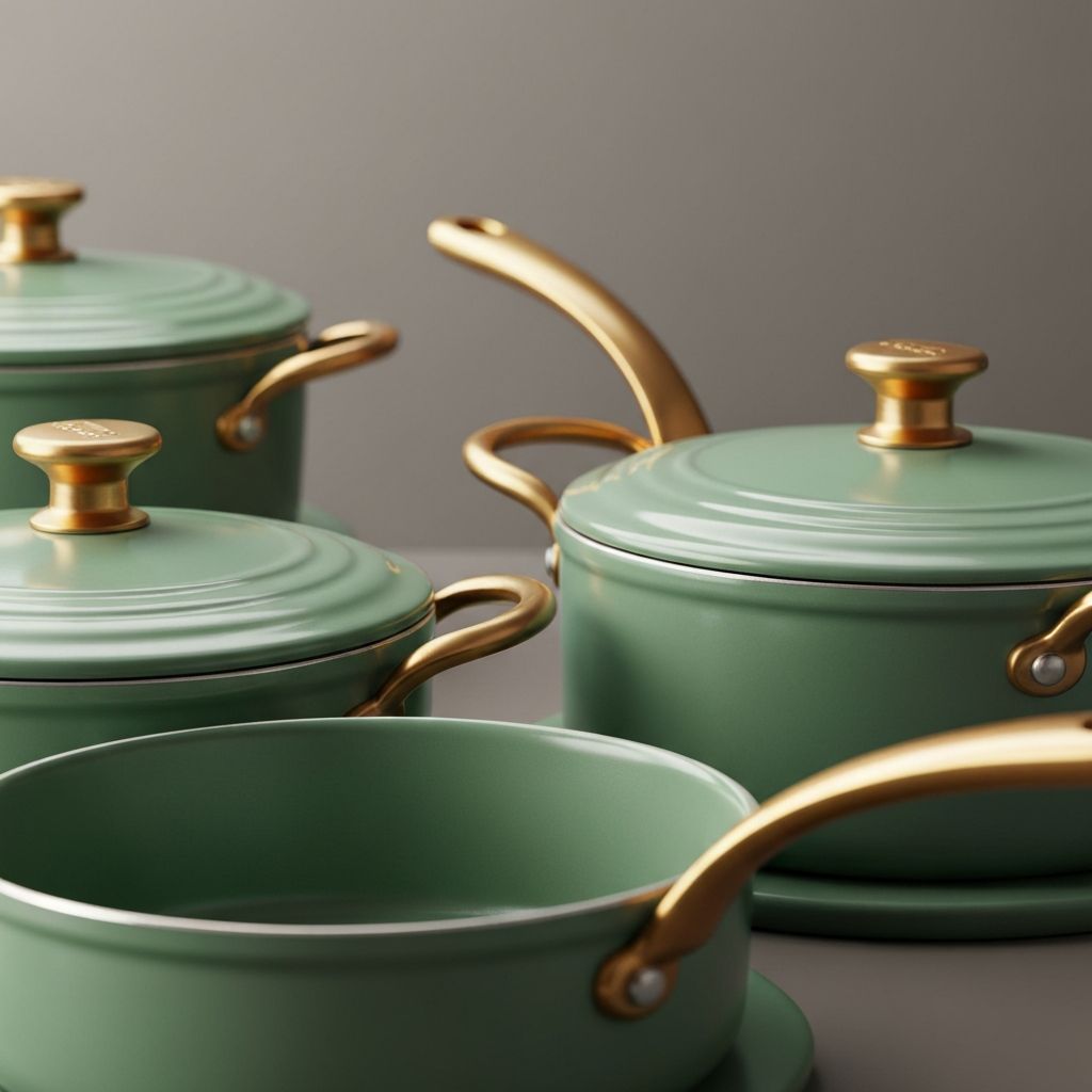 Drew Barrymore Beautiful Ceramic Cookware Set with gold handles in multiple colors